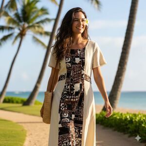 VTG 60s Casual Ceire Hawaiian Maxi Dress 14 L Geometric 100% Cotton Hawaii Nei